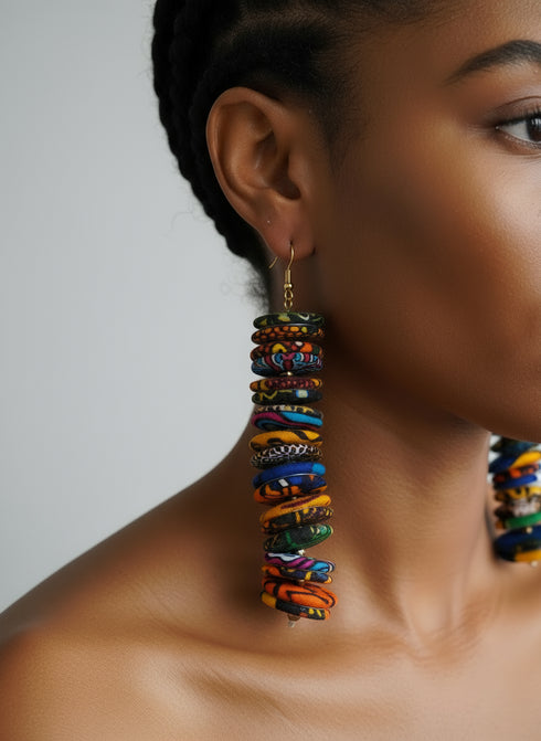 NUBIA Royale tiered chandelier Ankara button drop earrings