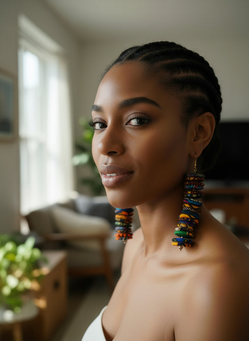 NUBIA Royale tiered chandelier Ankara button drop earrings