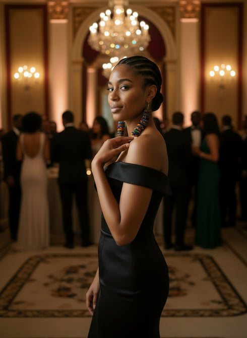 NUBIA Royale tiered chandelier Ankara button drop earrings