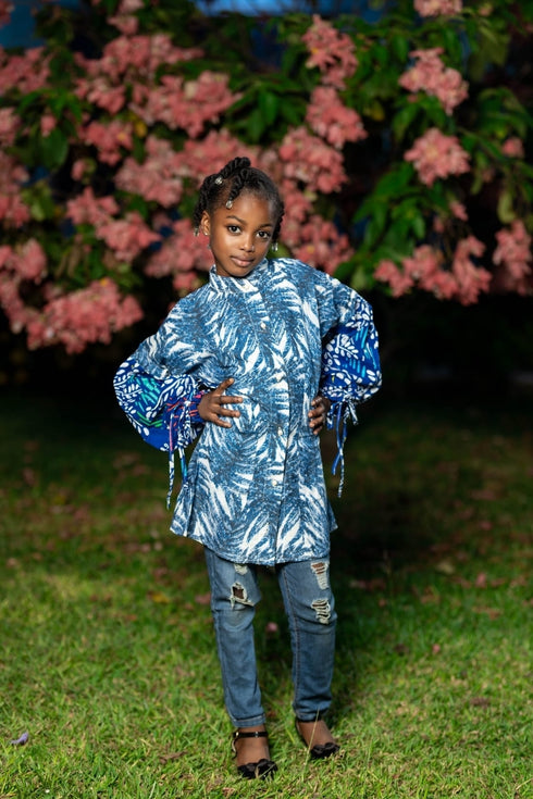 Olanna Girl's Blue & White Ankara Print High-Neck Balloon Sleeve Blouse – African Statement Top