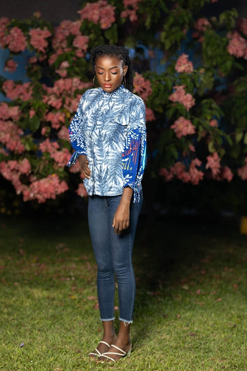 Olanna Women’s Blue & White Ankara Print High-Neck Balloon Sleeve Blouse – African Statement Top
