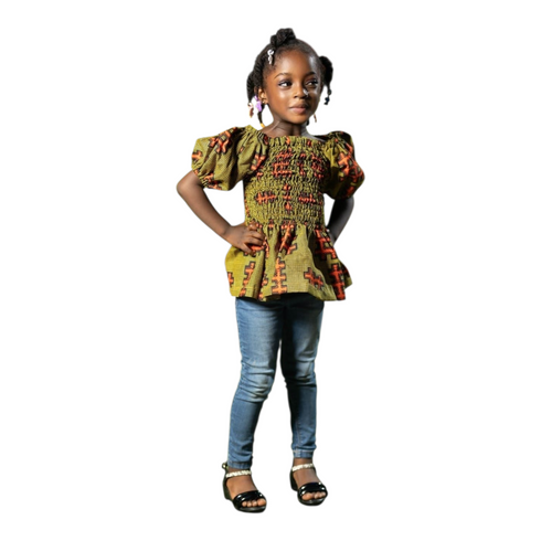 Ophira Smocked Elastic Ankara Peplum Blouse for Girls - Top Only