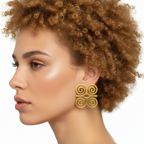Dwennimmen minimalistic and Oversized / Exaggerated Gold Adinkra Spiral Earrings – Handmade African Statement Jewelry for Women