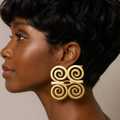 Dwennimmen Oversized / Exaggerated Gold Adinkra Spiral Earrings – Handmade African Statement Jewelry for Women