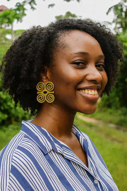 Dwennimmen Oversized / Exaggerated Gold Adinkra Spiral Earrings – Handmade African Statement Jewelry for Women
