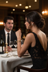 Woman in a black dress sitting at a dinner table with a man, both facing each other.