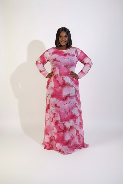 ROSÉ MARBLE Soft Stretch Mesh Pink Abstract Marble Long Sleeve Flowy African Maxi Dress With Flared Hem