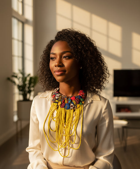 Regal Cascade Buttoned Beadwork Ankara Necklace – African Statement Choker- Medium