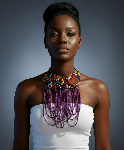 Regal Cascade Buttoned Beadwork Ankara Necklace – African Statement Choker- Medium
