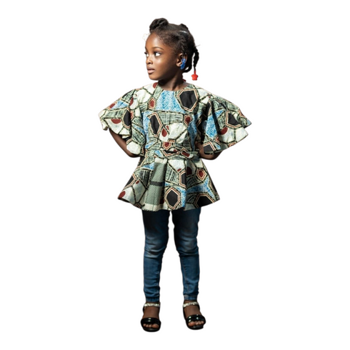 Renée Layered-Frill Belted Ankara Blouse for Girls – Geometric Print Top Only