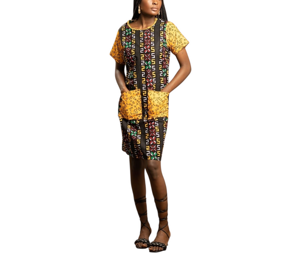 Revairรฉ Women Patchwork Ankara Panel Shift Dress with Side Pockets โ Bold African Casual Chic
