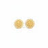 Pair of gold earrings with intricate designs on a white background