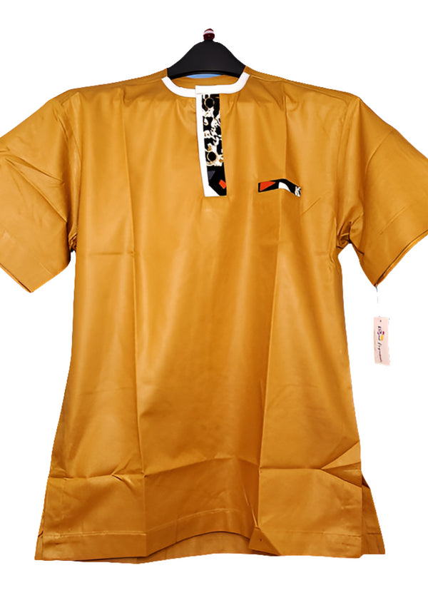 SARPONG Men's Short Sleeve Cotton Shirt – Dark Yellow with Batik Accent