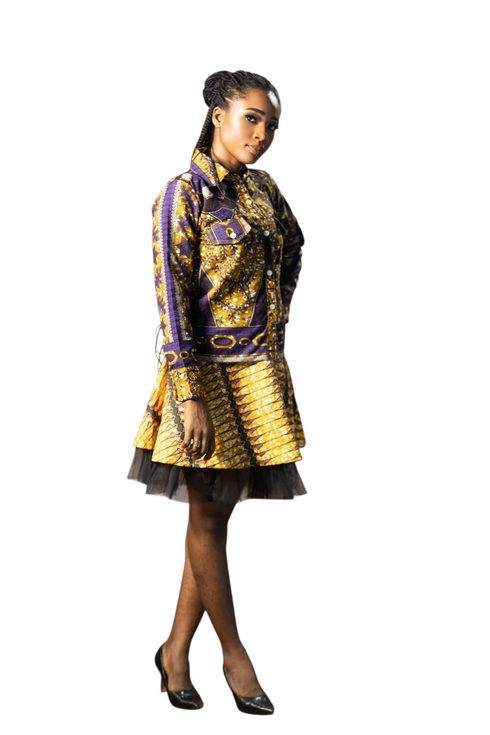 SENAIT Women Two-Piece Ankara Flare Mini Top and Layered Tulle Hem Skirt.