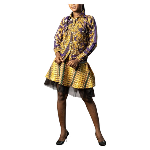SENAIT Women Two-Piece Ankara Flare Mini Top and Layered Tulle Hem Skirt.