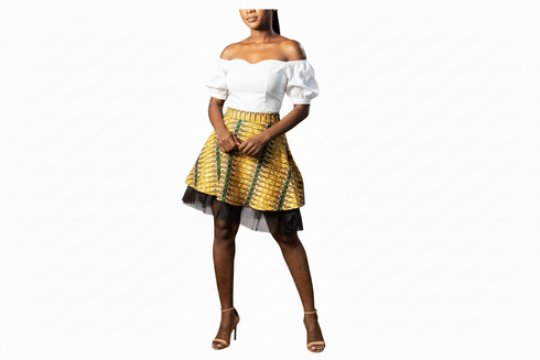 SENAIT Women Two-Piece Ankara Flare Mini Top and Layered Tulle Hem Skirt.
