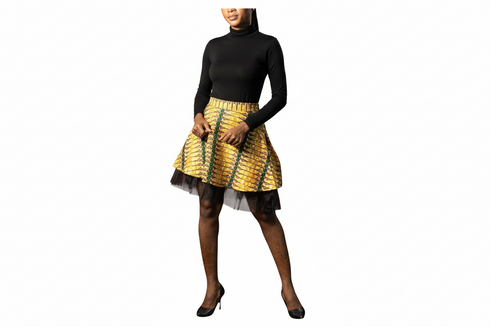 SENAIT Women Two-Piece Ankara Flare Mini Top and Layered Tulle Hem Skirt.