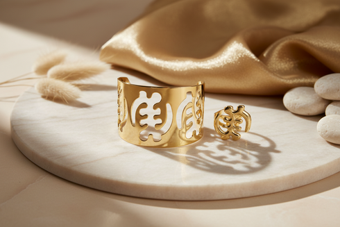 SIGNATURE GYE-NYAME Adinkra stainless steel cuff bangle bracelet and ring set only