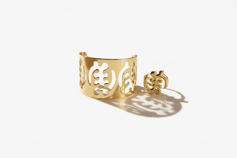 SIGNATURE GYE-NYAME Adinkra stainless steel cuff bangle bracelet and ring set only