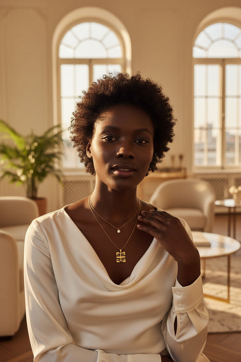 Gold necklace with a black pendant on a marble surface