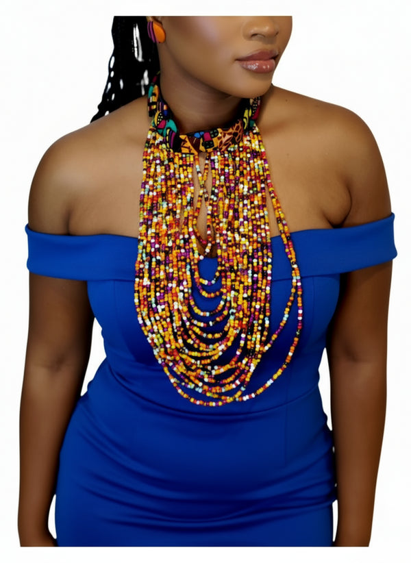 Sade Cascade Buttoned Beadwork Multi-Strand Ankara Necklace - African Statement Choker