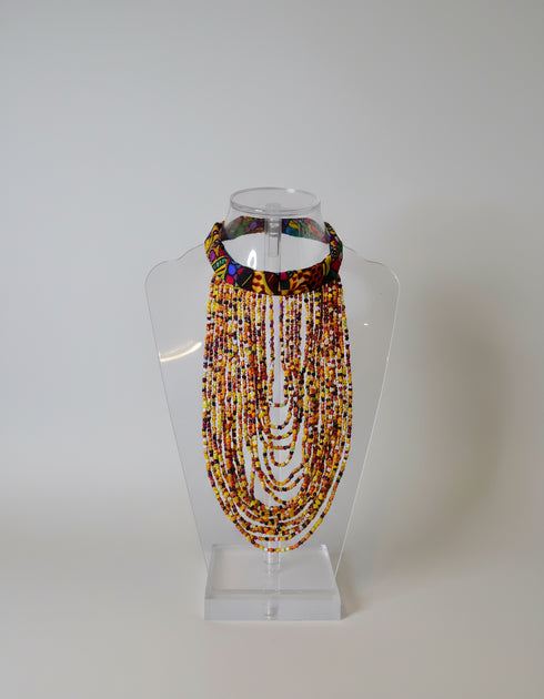 Sade Cascade Buttoned Beadwork Multi-Strand Ankara Necklace - African Statement Choker