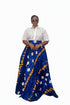 AZURE STAR White Lace Button-Up Blouse and Royal Blue Ankara High-Waist Flowy Maxi Skirt African Two Piece Set