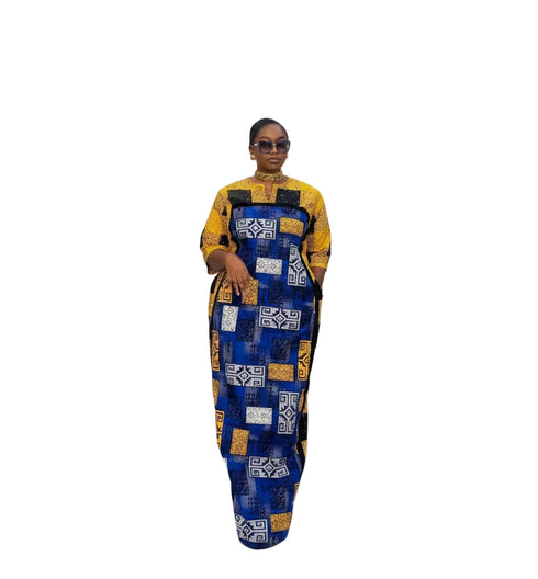 MALAYA African Print Two Fabric Color Block Boubou Kaftan Maxi Dress With Contrast Side Panels and Pockets