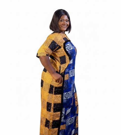 MALAYA African Print Two Fabric Color Block Boubou Kaftan Maxi Dress With Contrast Side Panels and Pockets