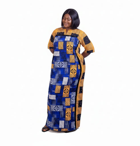 MALAYA African Print Two Fabric Color Block Boubou Kaftan Maxi Dress With Contrast Side Panels and Pockets