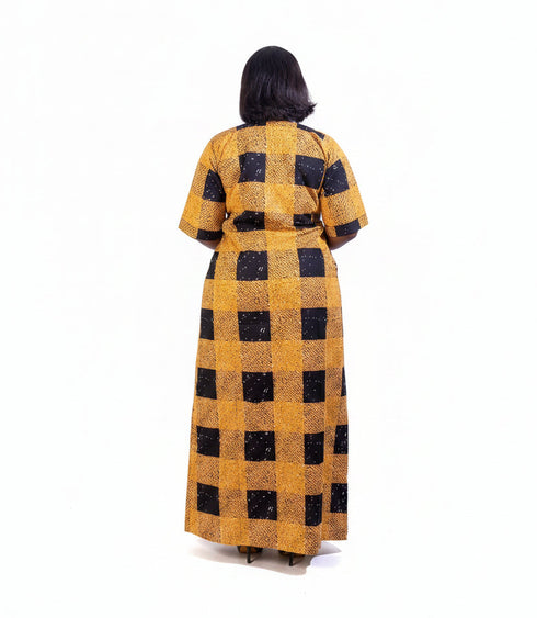 MALAYA African Print Two Fabric Color Block Boubou Kaftan Maxi Dress With Contrast Side Panels and Pockets