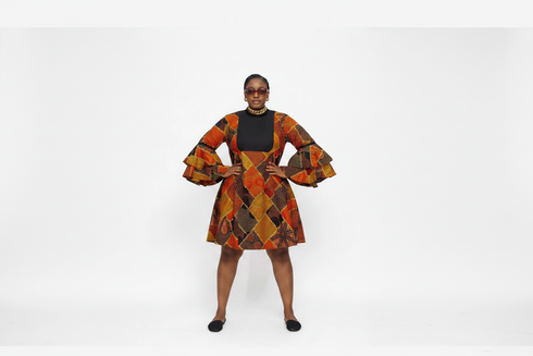 LIORA Luxury 100% Cotton Ankara and Aso Oke Exaggerated Ruffle Sleeve Full Flare Mini Dress With Pockets