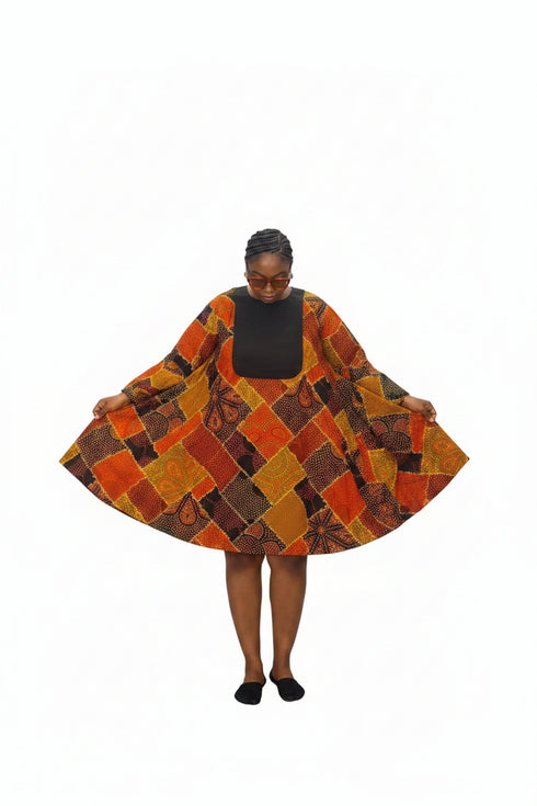 LIORA Luxury 100% Cotton Ankara and Aso Oke Exaggerated Ruffle Sleeve Full Flare Mini Dress With Pockets