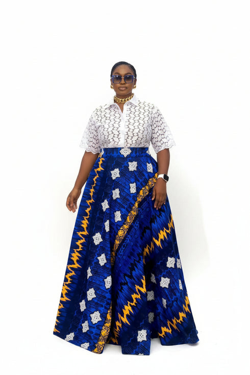 AZURE STAR White Lace Button-Up Blouse and Royal Blue Ankara High-Waist Flowy Maxi Skirt African Two Piece Set