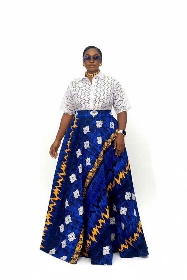 AZURE STAR White Lace Button-Up Blouse and Royal Blue Ankara High-Waist Flowy Maxi Skirt African Two Piece Set