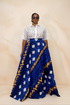 AZURE STAR White Lace Button-Up Blouse and Royal Blue Ankara High-Waist Flowy Maxi Skirt African Two Piece Set