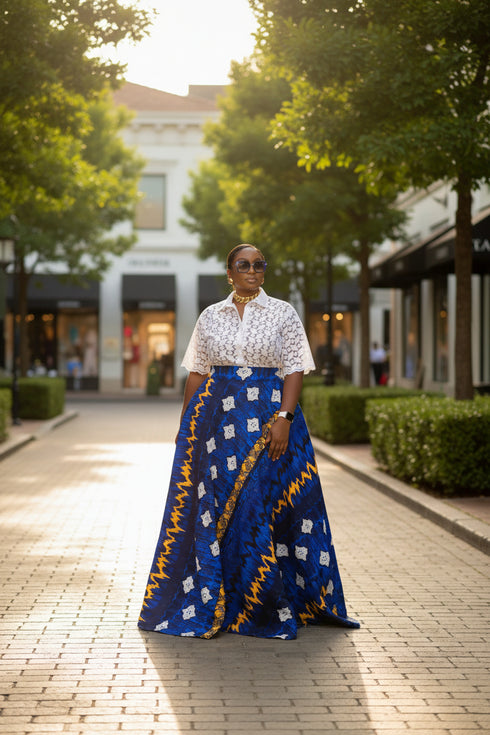 AZURE STAR White Lace Button-Up Blouse and Royal Blue Ankara High-Waist Flowy Maxi Skirt African Two Piece Set