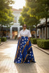AZURE STAR White Lace Button-Up Blouse and Royal Blue Ankara High-Waist Flowy Maxi Skirt African Two Piece Set