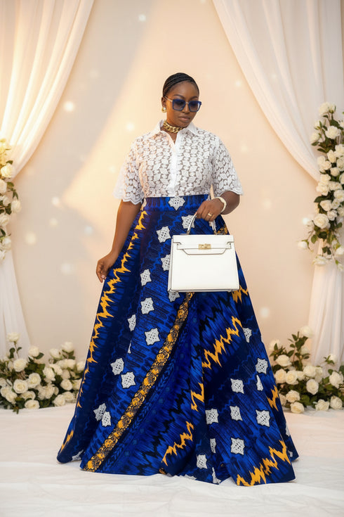 AZURE STAR White Lace Button-Up Blouse and Royal Blue Ankara High-Waist Flowy Maxi Skirt African Two Piece Set