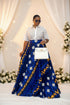 AZURE STAR White Lace Button-Up Blouse and Royal Blue Ankara High-Waist Flowy Maxi Skirt African Two Piece Set