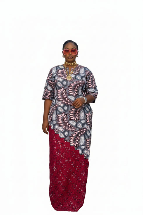 IVIORA Luxury Cotton Ankara Boubou Kaftan Maxi Dress With Crystal Stone Embellishment, Cord Lace Hem and Matching Headscarf