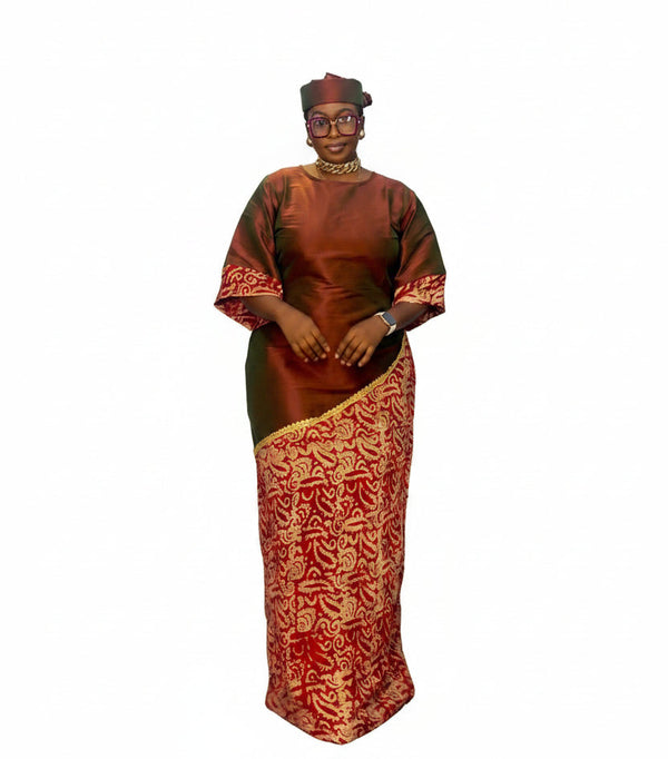 ZIA Luxury Raw Silk and Adire Crepe Diagonal Color Block Boubou Kaftan Maxi Dress With Gold Trim Detail - Only Boubou