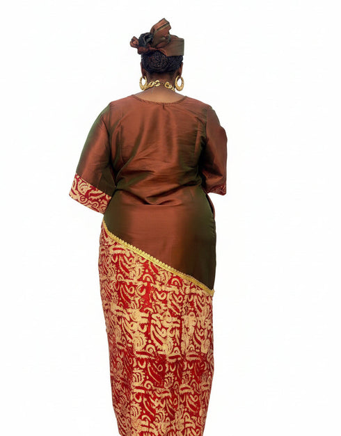 ZIA Luxury Raw Silk and Adire Crepe Diagonal Color Block Boubou Kaftan Maxi Dress With Gold Trim Detail - Only Boubou