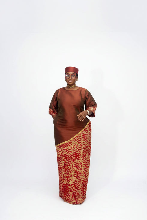 ZIA Luxury Raw Silk and Adire Crepe Diagonal Color Block Boubou Kaftan Maxi Dress With Gold Trim Detail - Only Boubou