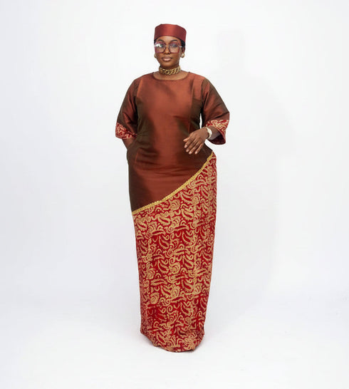 ZIA Luxury Raw Silk and Adire Crepe Diagonal Color Block Boubou Kaftan Maxi Dress With Gold Trim Detail - Only Boubou
