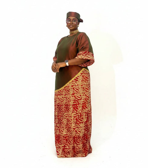 ZIA Luxury Raw Silk and Adire Crepe Diagonal Color Block Boubou Kaftan Maxi Dress With Gold Trim Detail - Only Boubou