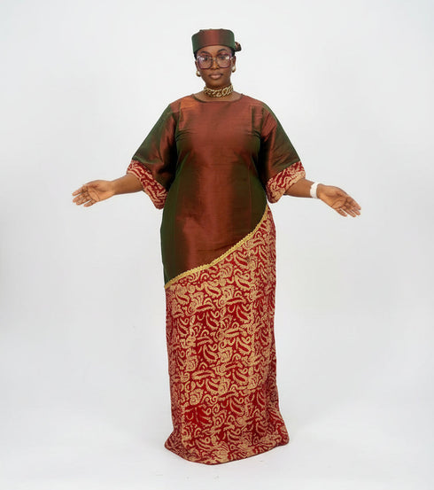 ZIA Luxury Raw Silk and Adire Crepe Diagonal Color Block Boubou Kaftan Maxi Dress With Gold Trim Detail - Only Boubou