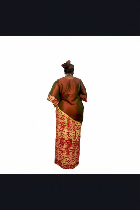 ZIA Luxury Raw Silk and Adire Crepe Diagonal Color Block Boubou Kaftan Maxi Dress With Gold Trim Detail - Only Boubou