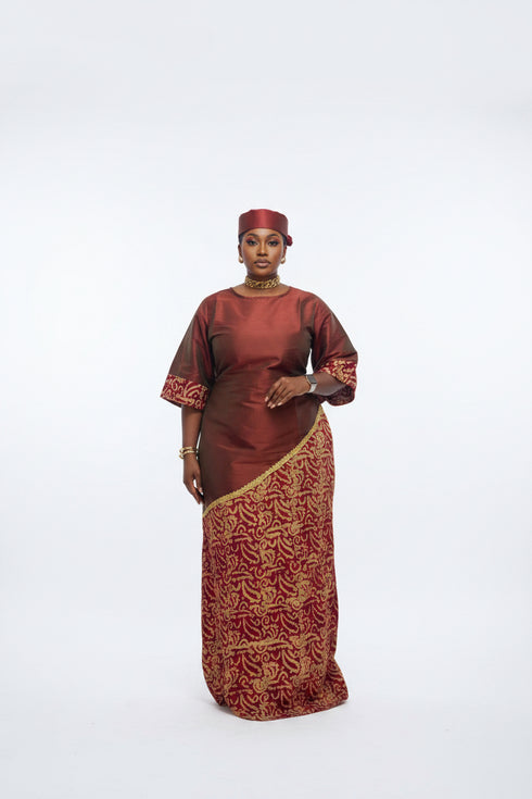ZIA Luxury Raw Silk and Adire Crepe Diagonal Color Block Boubou Kaftan Maxi Dress With Gold Trim Detail - Only Boubou