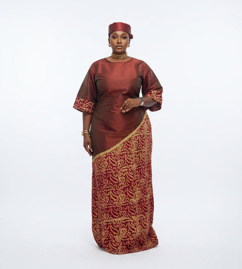 ZIA Luxury Raw Silk and Adire Crepe Diagonal Color Block Boubou Kaftan Maxi Dress With Gold Trim Detail - Only Boubou